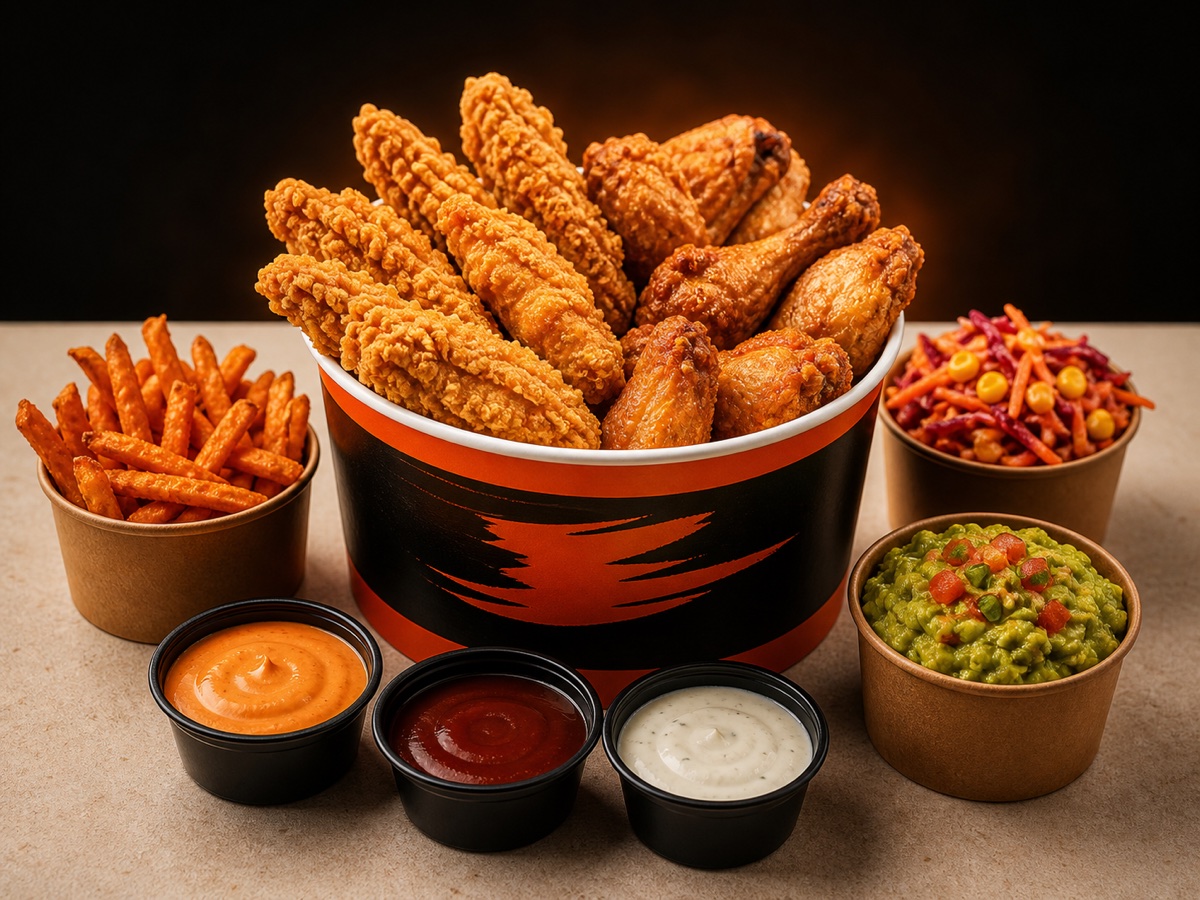 Crispo Family Bucket mit Wings, Tenders, Beilagen und Haussaucen