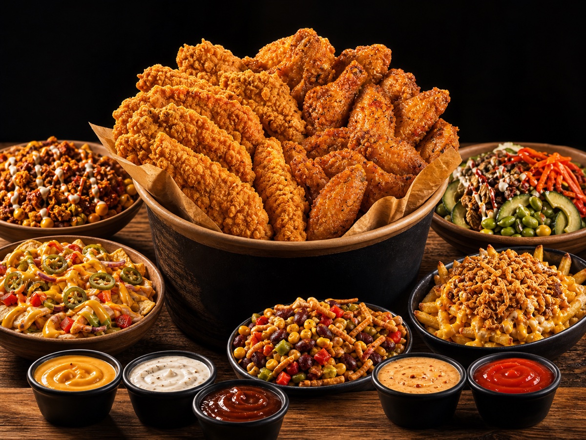 Crispo Party Bucket mit Wings, Tenders, Pommes und Saucen